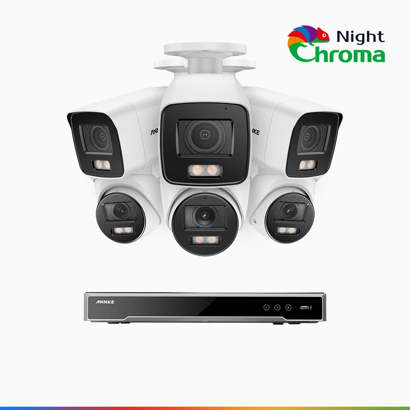 NightChroma TM NCK800 - Kit de surveillance PoE 4MP à 16 canaux avec 3 caméras bullet et 3 caméras tourelle, Vision nocturne couleur ultime, super ouverture f/1.0 (0,0005 Lux), Détection Personne-Véhicule, Analyse comportementale intelligente