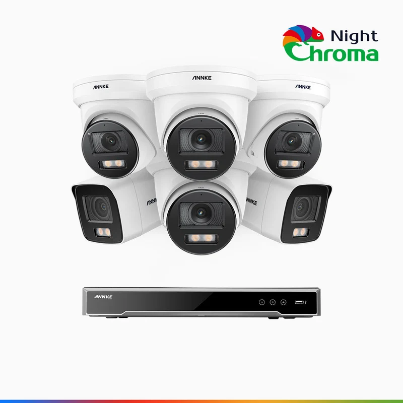 NightChroma TM NCK800 - Kit de surveillance PoE 4MP à 16 canaux avec 2 caméras bullet et 4 caméras tourelle, Vision nocturne couleur ultime, super ouverture f/1.0 (0,0005 Lux), Détection Personne-Véhicule, Analyse comportementale intelligente
