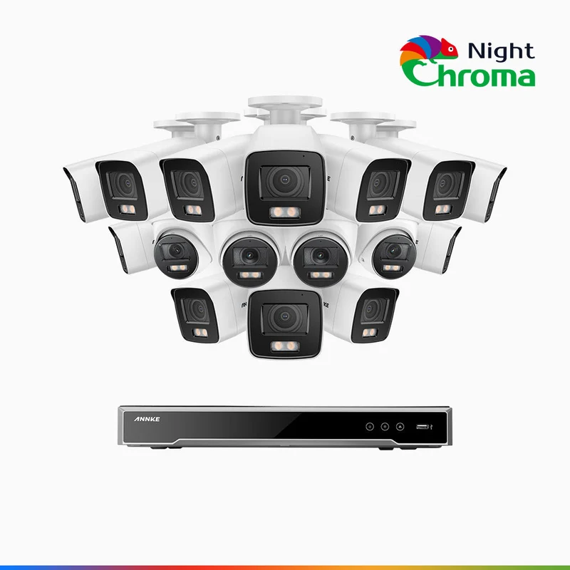 NightChroma TM NCK800 - Kit de surveillance PoE 4MP à 16 canaux avec 12 caméras bullet et 4 caméras tourelle, Vision nocturne couleur ultime, super ouverture f/1.0 (0,0005 Lux), Détection Personne-Véhicule, Analyse comportementale intelligente