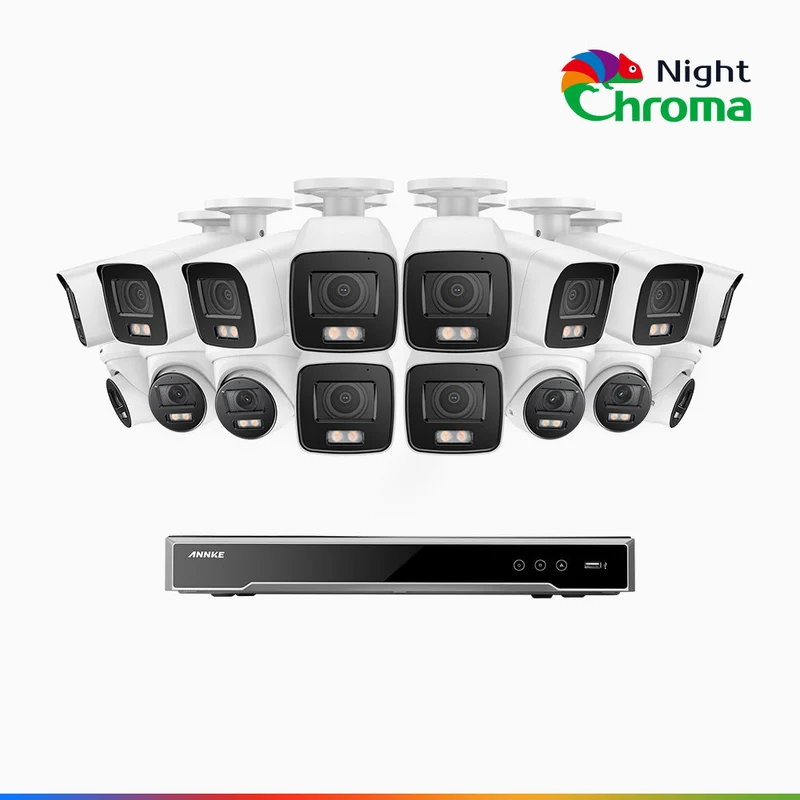 NightChroma TM NCK800 - Kit de surveillance PoE 4MP à 16 canaux avec 10 caméras bullet et 6 caméras tourelle, Vision nocturne couleur ultime, super ouverture f/1.0 (0,0005 Lux), Détection Personne-Véhicule, Analyse comportementale intelligente