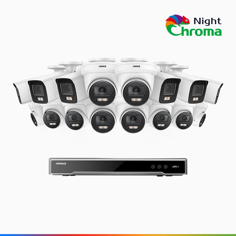 NightChroma TM NCK800 - Kit de surveillance PoE 4MP à 16 canaux avec 6 caméras bullet et 10 caméras tourelle, Vision nocturne couleur ultime, super ouverture f/1.0 (0,0005 Lux), Détection Personne-Véhicule, Analyse comportementale intelligente