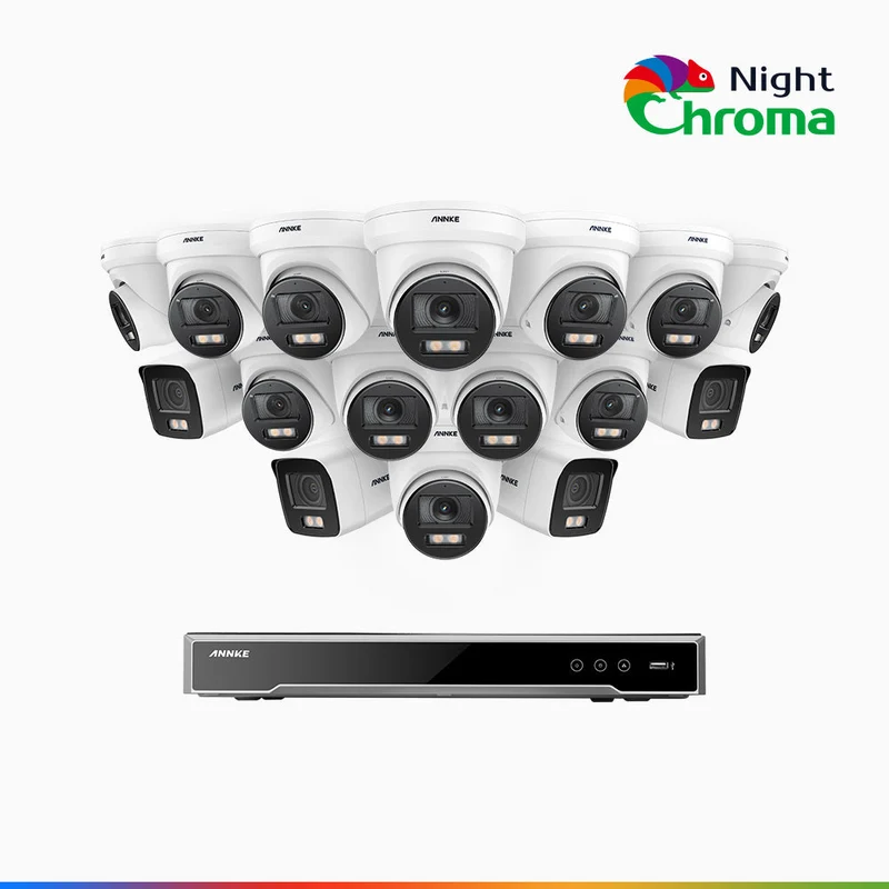 NightChroma TM NCK800 - Kit de surveillance PoE 4MP à 16 canaux avec 4 caméras bullet et 12 caméras tourelle, Vision nocturne couleur ultime, super ouverture f/1.0 (0,0005 Lux), Détection Personne-Véhicule, Analyse comportementale intelligente