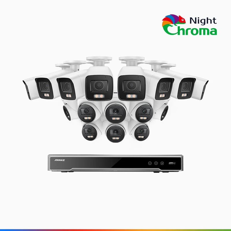 NightChroma TM NCK800 - Kit de surveillance PoE 4MP à 16 canaux avec 8 caméras bullet et 8 caméras tourelle, Vision nocturne couleur ultime, super ouverture f/1.0 (0,0005 Lux), Détection Personne-Véhicule, Analyse comportementale intelligente