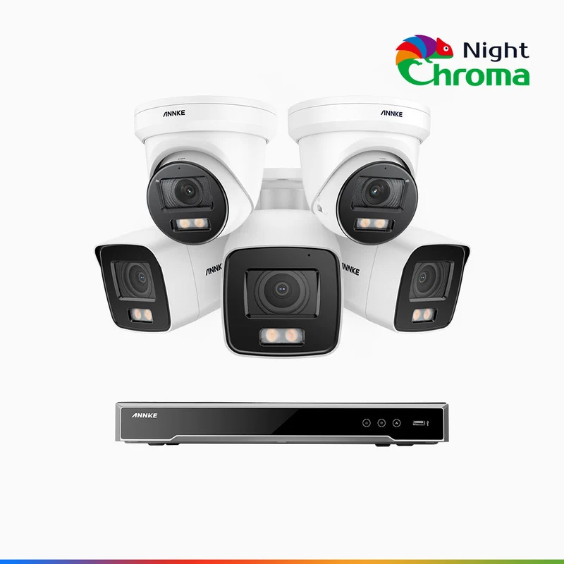 NightChroma TM NCK800 - Kit de surveillance PoE 4MP à 8 canaux avec 3 caméras bullet et 2 caméras tourelle, Vision nocturne couleur ultime, super ouverture f/1.0 (0,0005 Lux), Détection Personne-Véhicule, Analyse comportementale intelligente