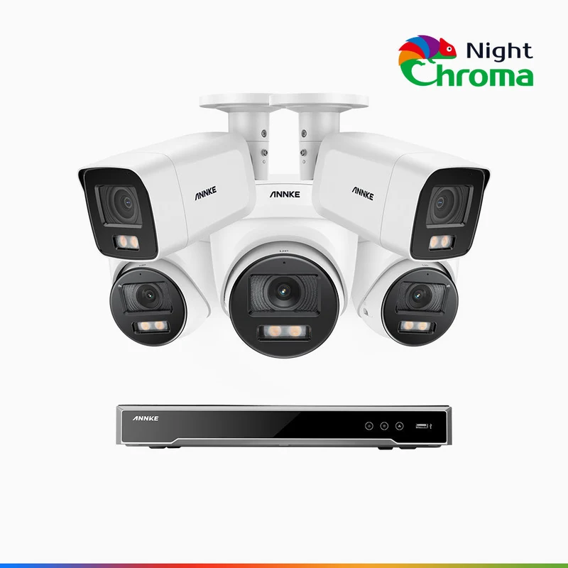 NightChroma TM NCK800 - Kit de surveillance PoE 4MP à 8 canaux avec 2 caméras bullet et 3 caméras tourelle, Vision nocturne couleur ultime, super ouverture f/1.0 (0,0005 Lux), Détection Personne-Véhicule, Analyse comportementale intelligente
