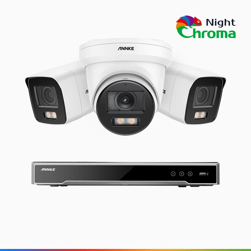 NightChroma TM NCK800 - Kit de surveillance PoE 4MP à 8 canaux avec 2 caméras bullet et 1 caméras tourelle, Vision nocturne couleur ultime, super ouverture f/1.0 (0,0005 Lux), Détection Personne-Véhicule, Analyse comportementale intelligente