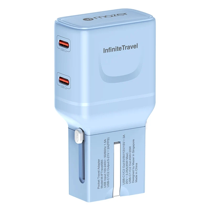 Mazer InfiniteTravel Pocket GaN PD65W 2C Travel Charger - Sky Blue