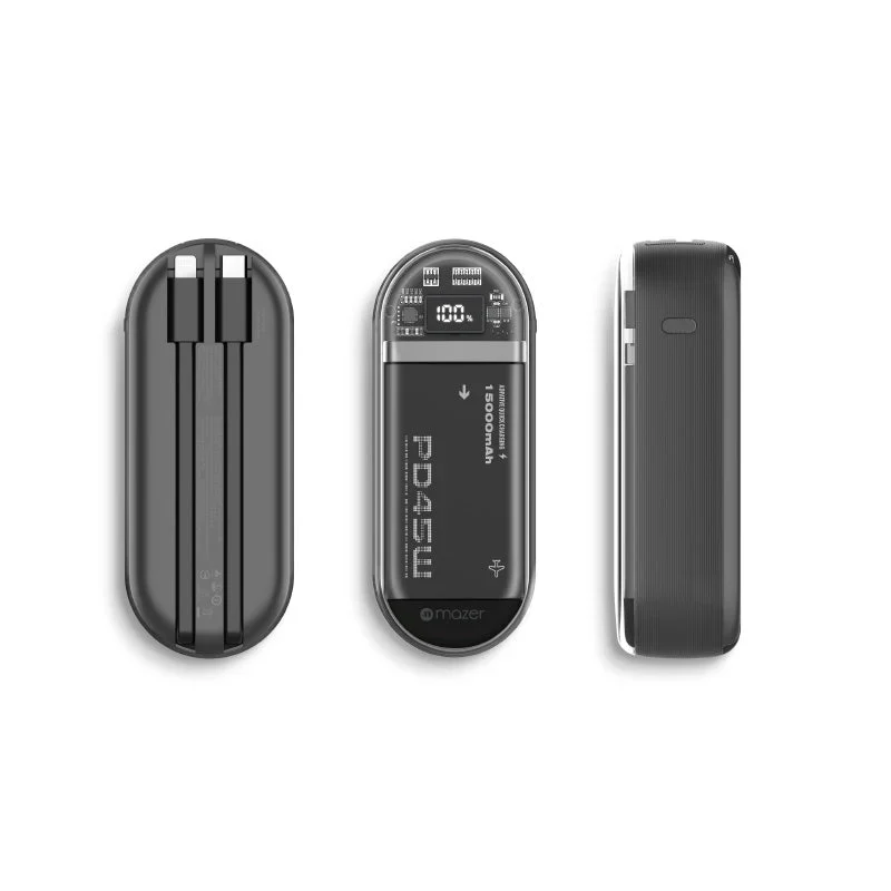 Mazer PowerCharge 15K PD45W Power Bank with Built-in Lightning & USB-C Cables